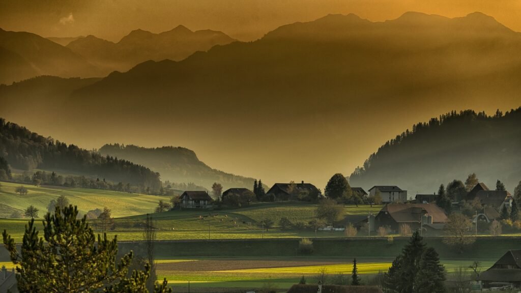 mountains, village, trees